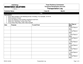 Document preview: Form VR2181 Transportation Log - Texas