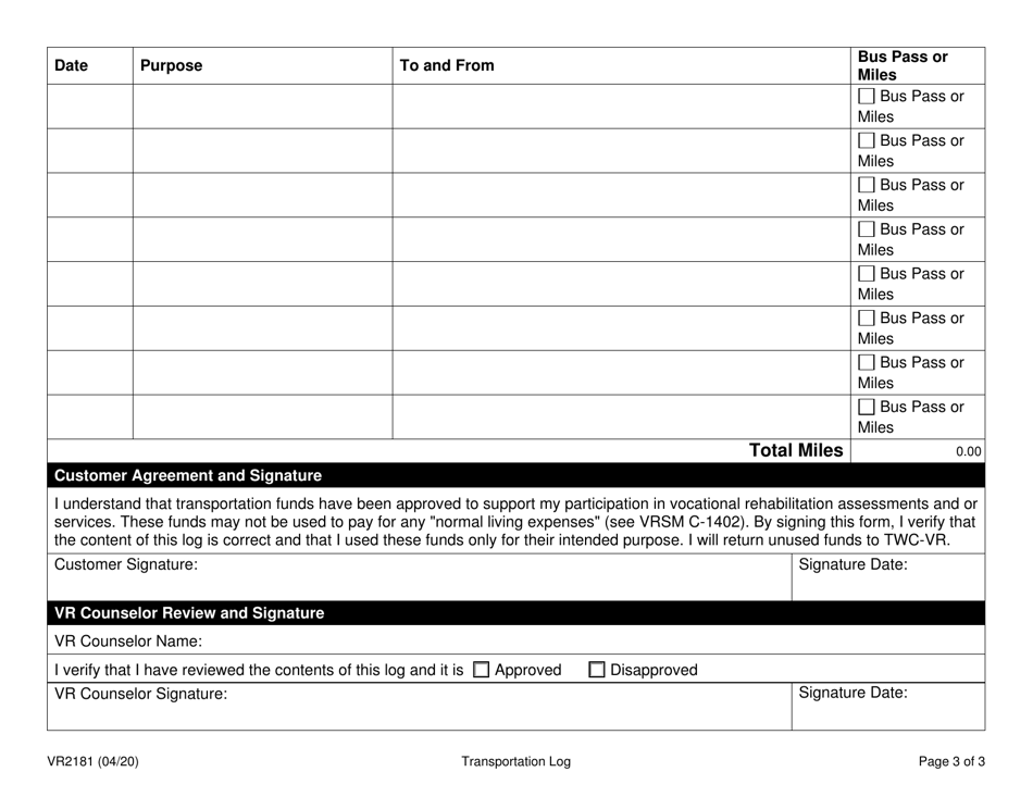 Form VR2181 Transportation Log - Texas, Page 3