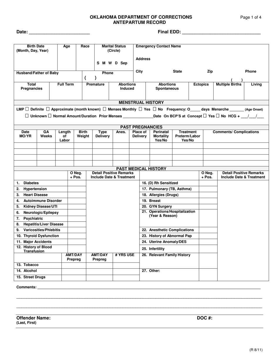 Form MSRM140145.01A Antepartum Record - Oklahoma, Page 1