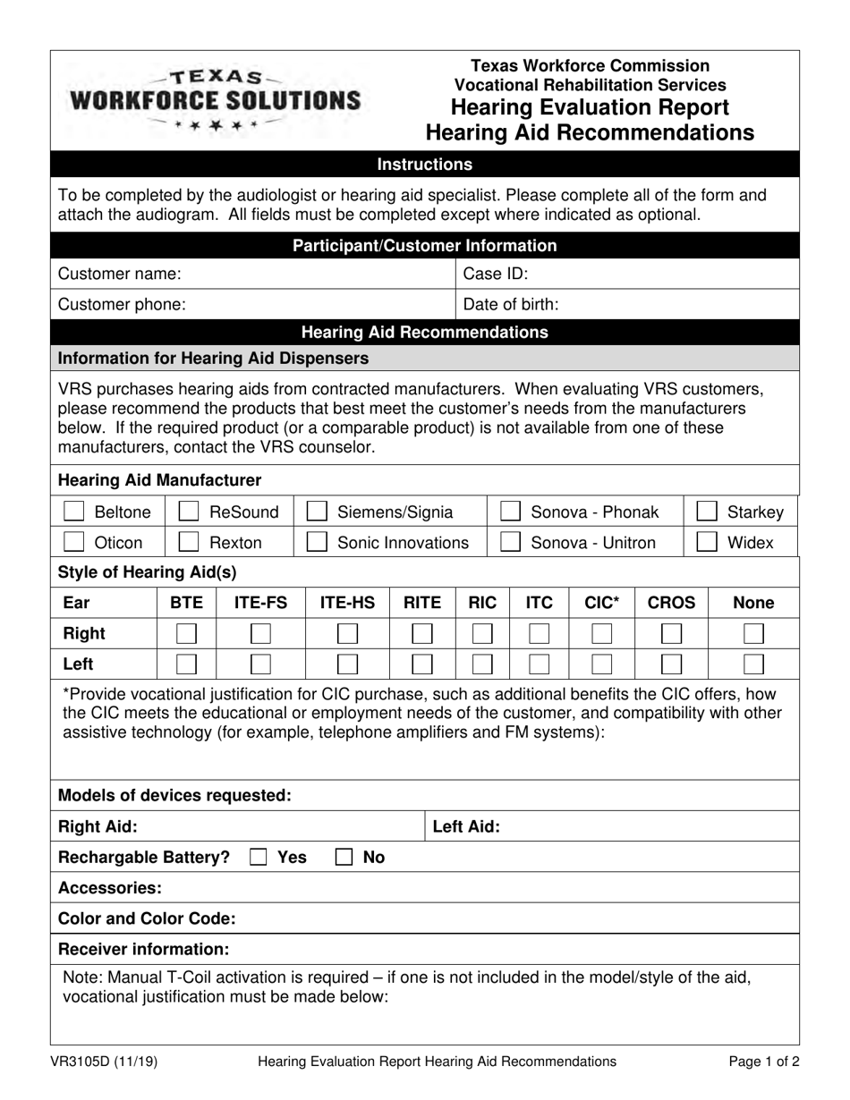 Form VR3105D Hearing Evaluation Report - Hearing Aid Recommendations - Texas, Page 1