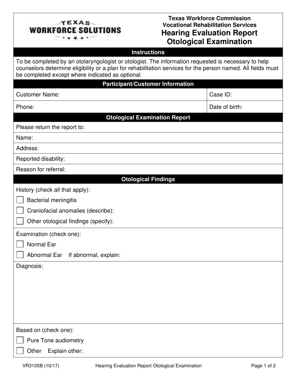 Form VR3105B Hearing Evaluation Report - Otological Examination - Texas, Page 1