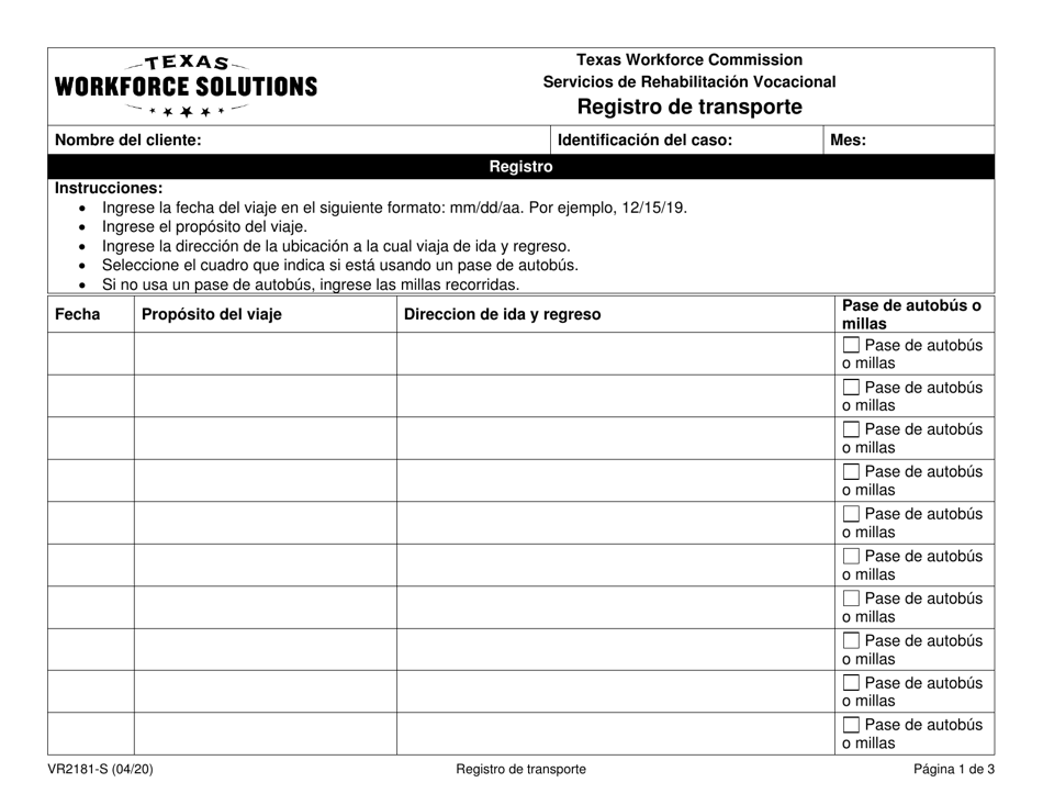 Formulario VR2181-S Registro De Transporte - Texas (Spanish), Page 1