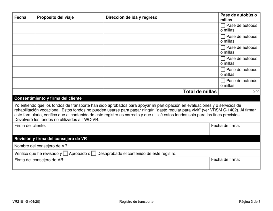 Formulario VR2181-S Registro De Transporte - Texas (Spanish), Page 3