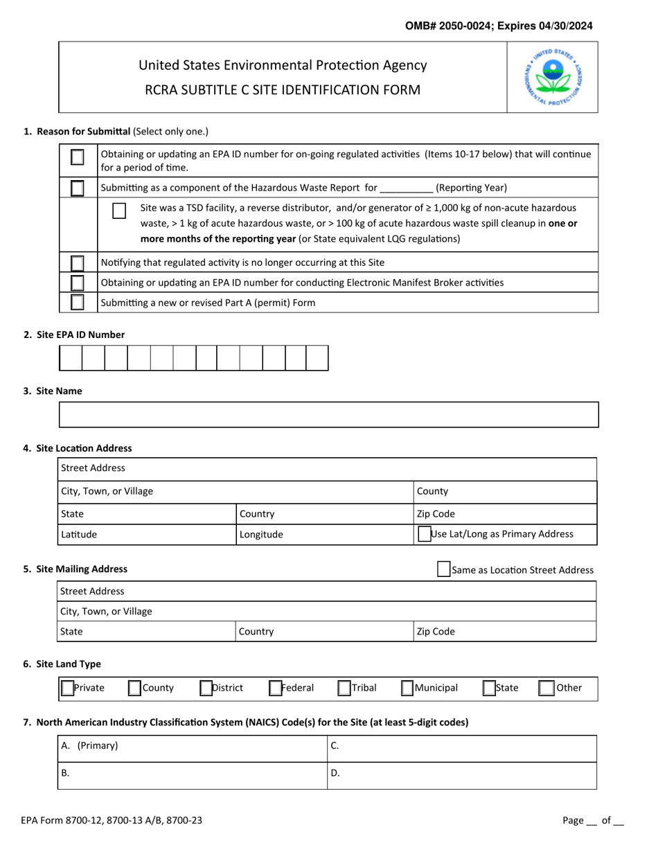 EPA Form 8700-12 (8700-13 A / B; 8700-23) Rcra Subtitle C Site Identification Form, Page 1