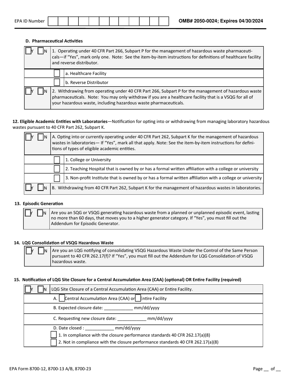 EPA Form 8700-12 (8700‐13 A/B; 8700‐23) Download Fillable PDF or Fill ...