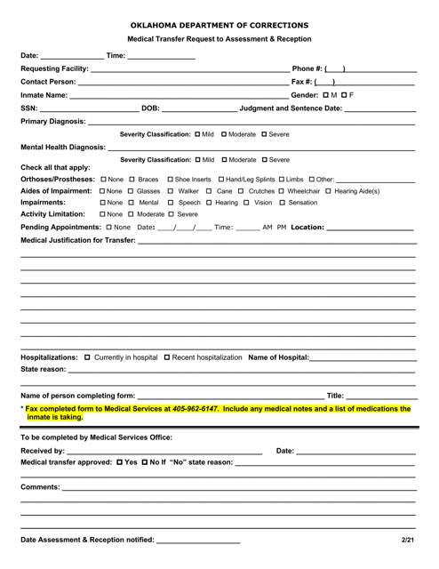 &quot;Medical Transfer Request to Assessment &amp; Reception&quot; - Oklahoma Download Pdf
