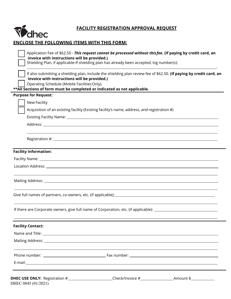 DHEC Form 0845 Facility Registration Approval Request - South Carolina, Page 1