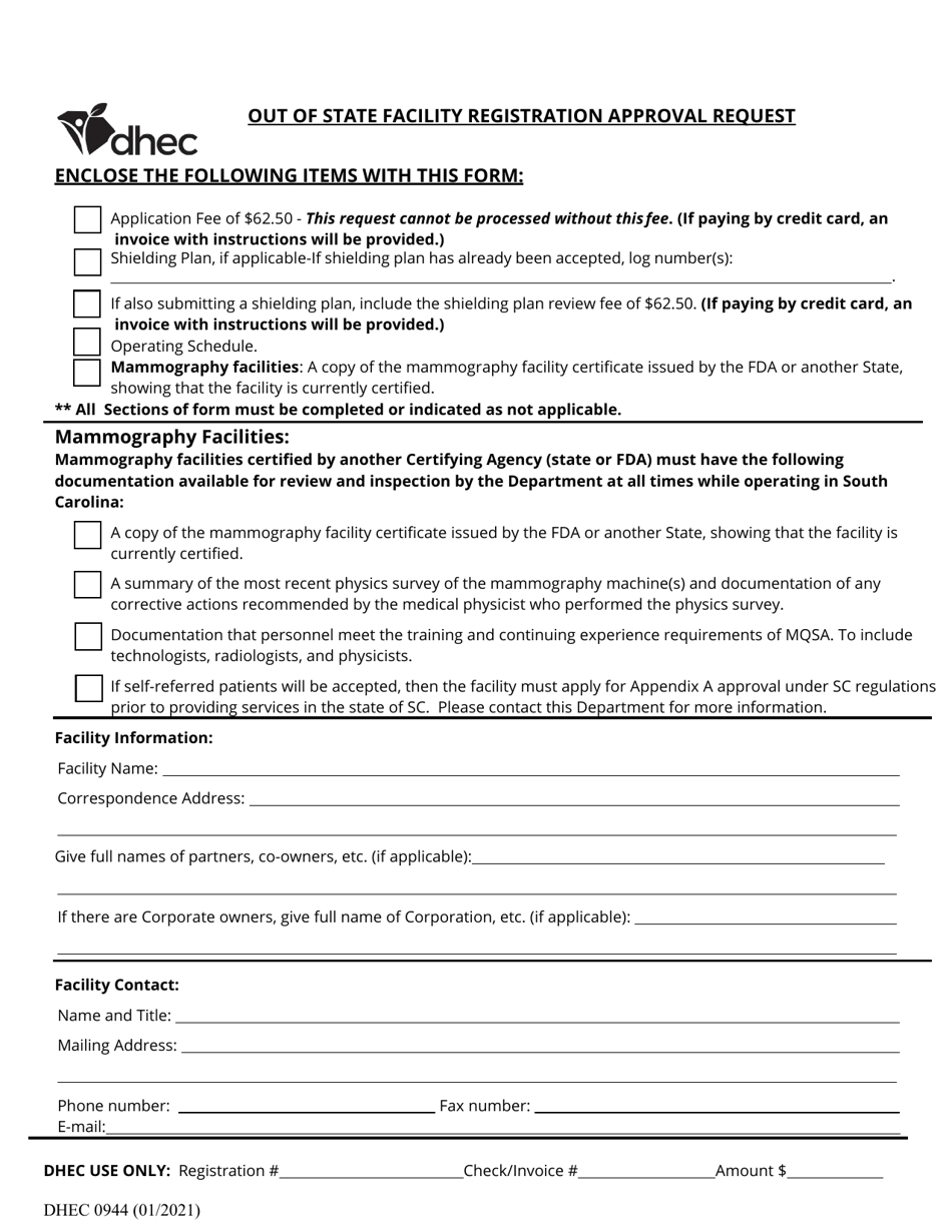 DHEC Form 0944 Out of State Facility Registration Approval Request - South Carolina, Page 1