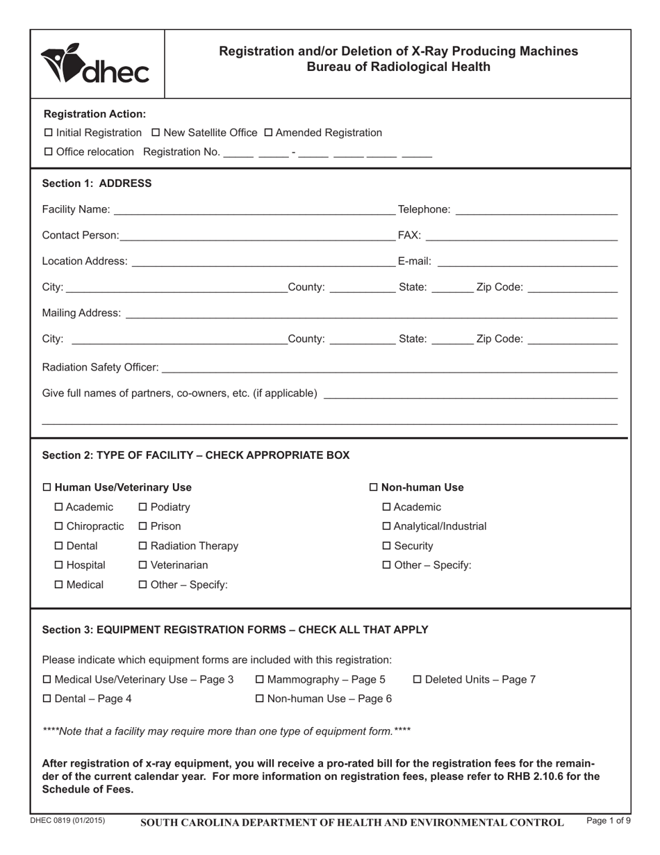 DHEC Form 0819 Registration and/or Deletion of X-Ray Producing Machines - South Carolina, Page 1