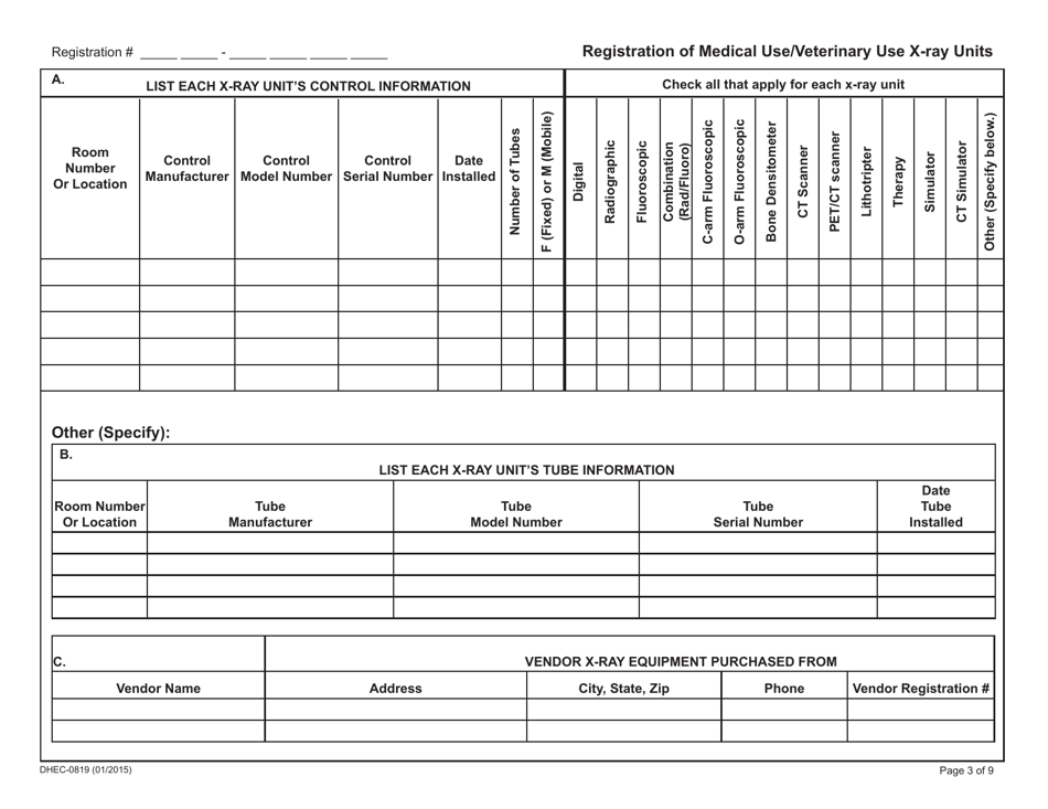 DHEC Form 0819 Registration and / or Deletion of X-Ray Producing Machines - South Carolina, Page 3