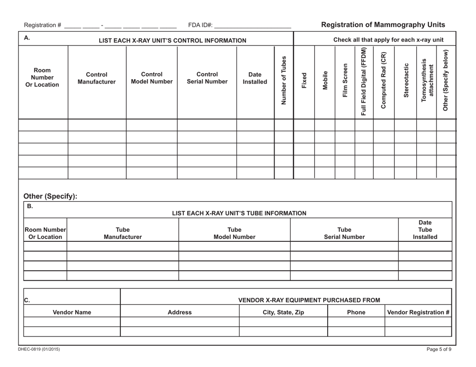 DHEC Form 0819 Registration and / or Deletion of X-Ray Producing Machines - South Carolina, Page 5