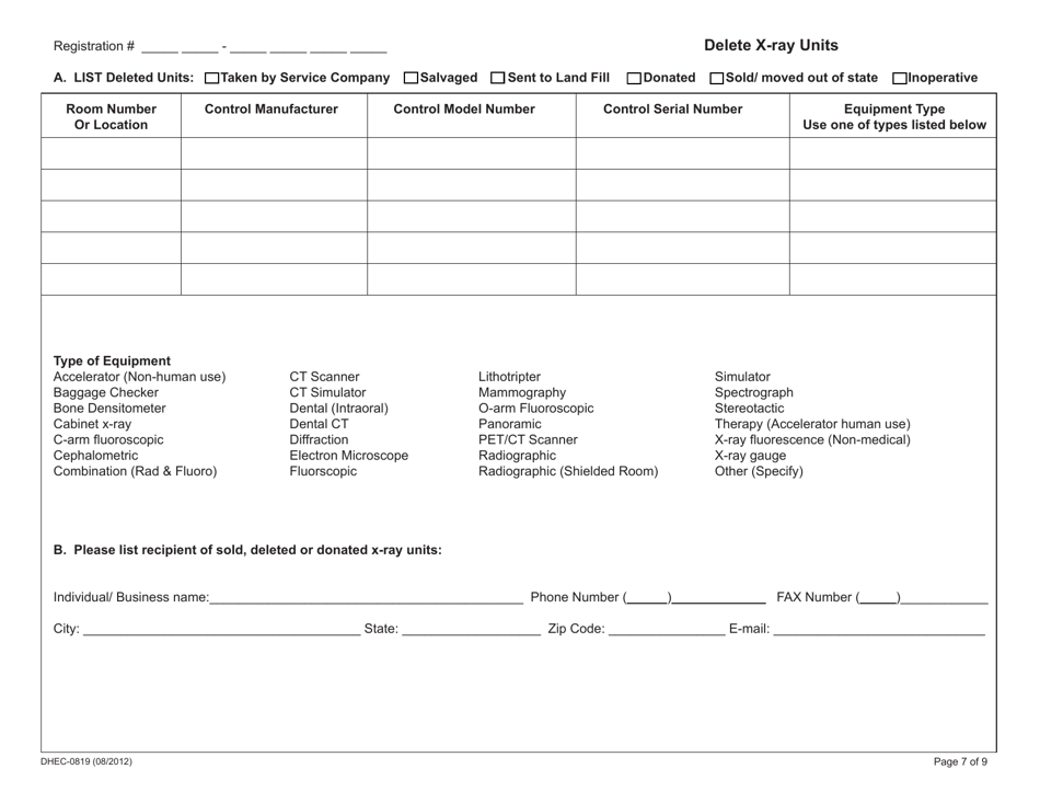 DHEC Form 0819 Registration and / or Deletion of X-Ray Producing Machines - South Carolina, Page 7
