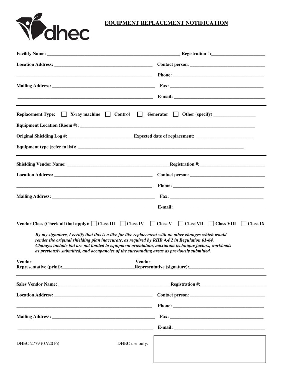 DHEC Form 2779 Equipment Replacement Notification - South Carolina, Page 1
