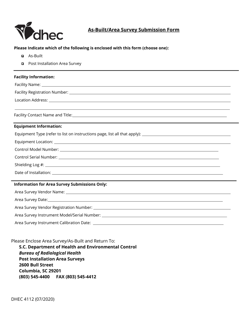 DHEC Form 4112 As-Built / Area Survey Submission Form - South Carolina, Page 1
