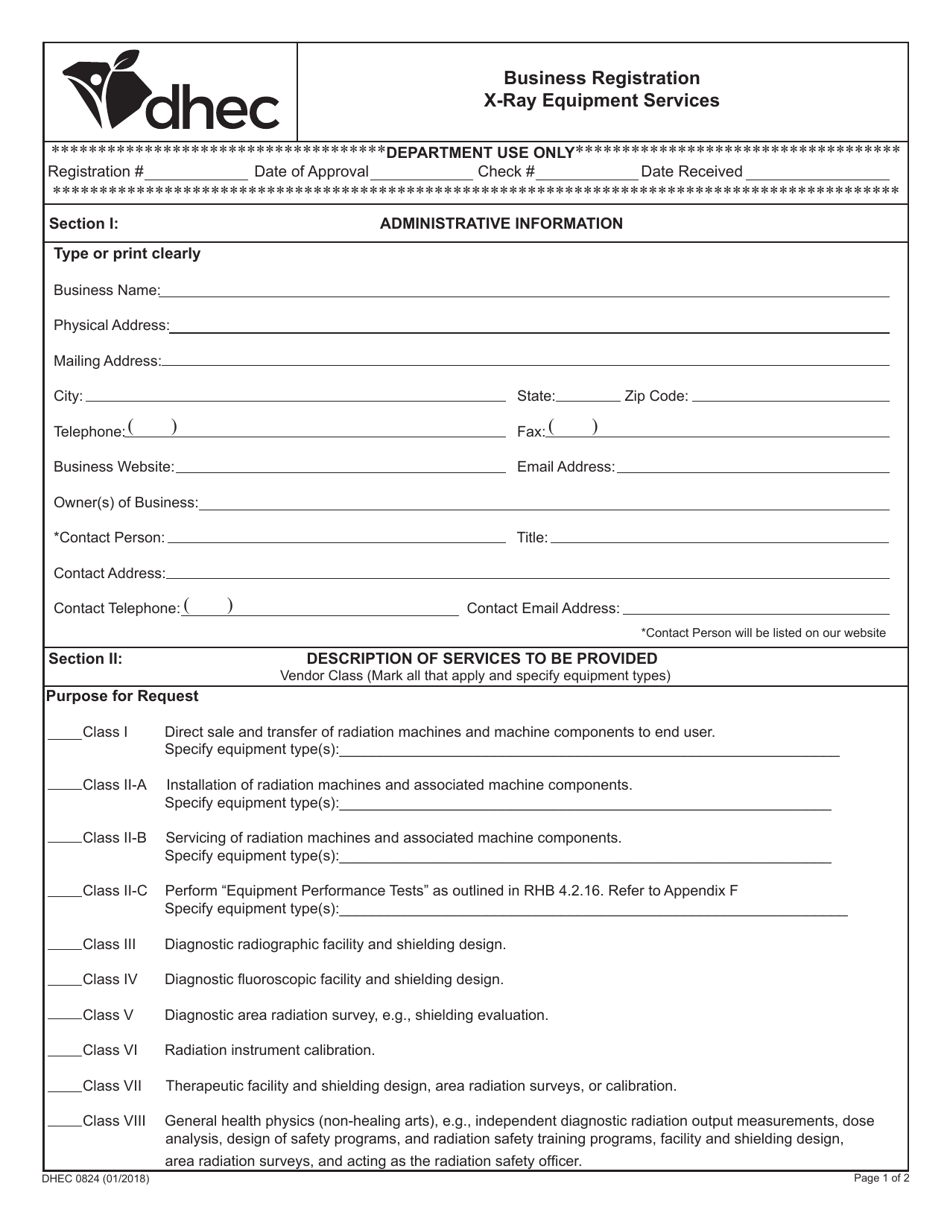 DHEC Form 0824 Business Registration - X-Ray Equipment Services - South Carolina, Page 1