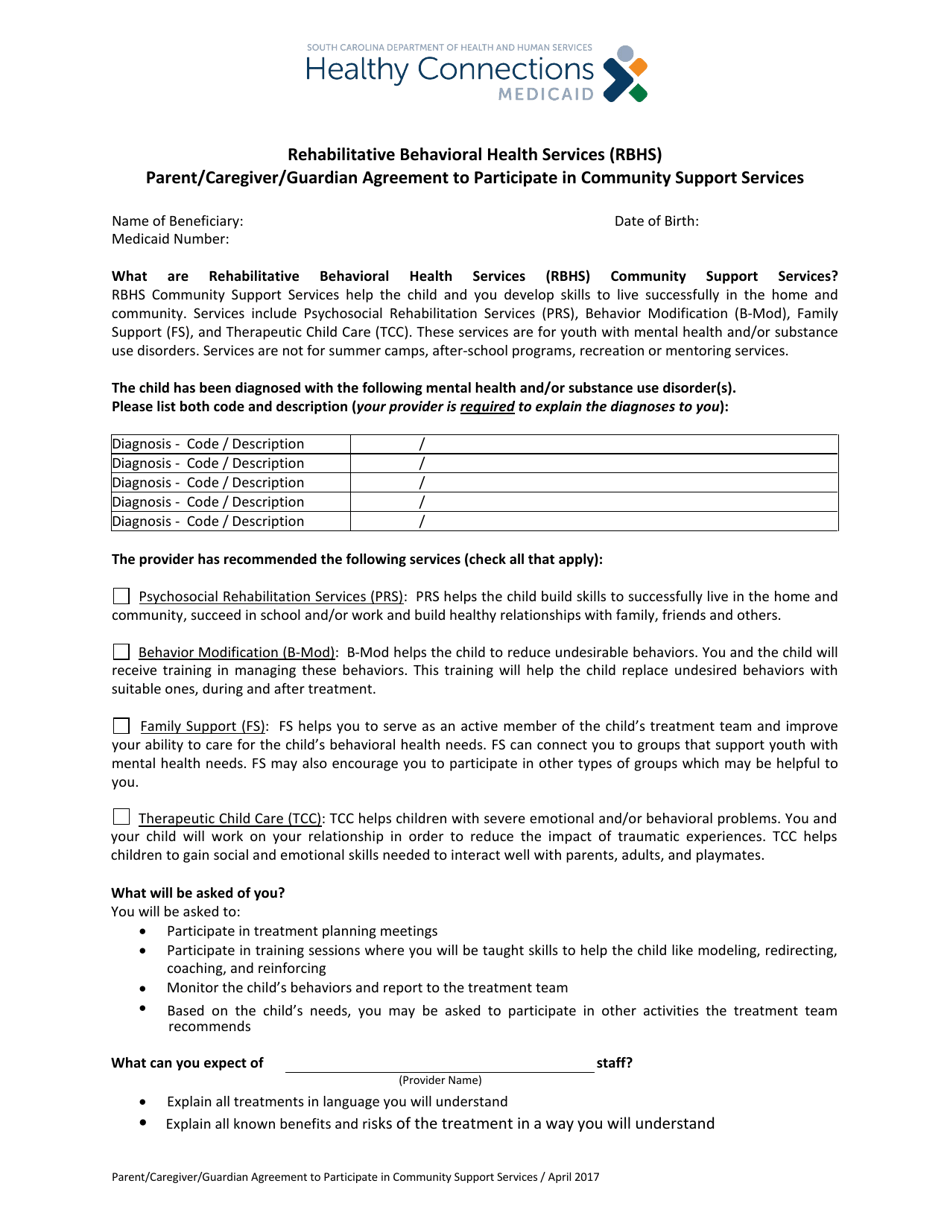 Rehabilitative Behavioral Health Services (Rbhs) Parent / Caregiver / Guardian Agreement to Participate in Community Support Services - South Carolina, Page 1