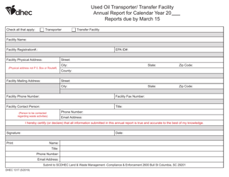 DHEC Form 1317 &quot;Used Oil Transporter/Transfer Facility Annual Report&quot; - South Carolina