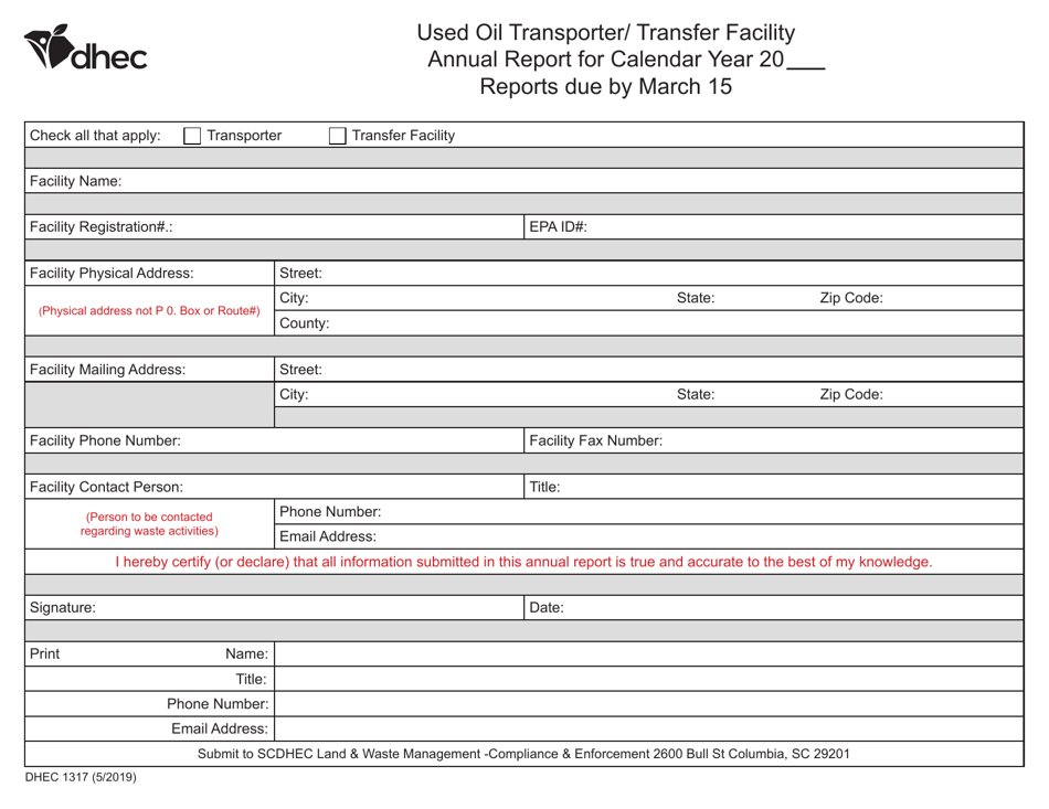 DHEC Form 1317 Used Oil Transporter/Transfer Facility Annual Report - South Carolina, Page 1