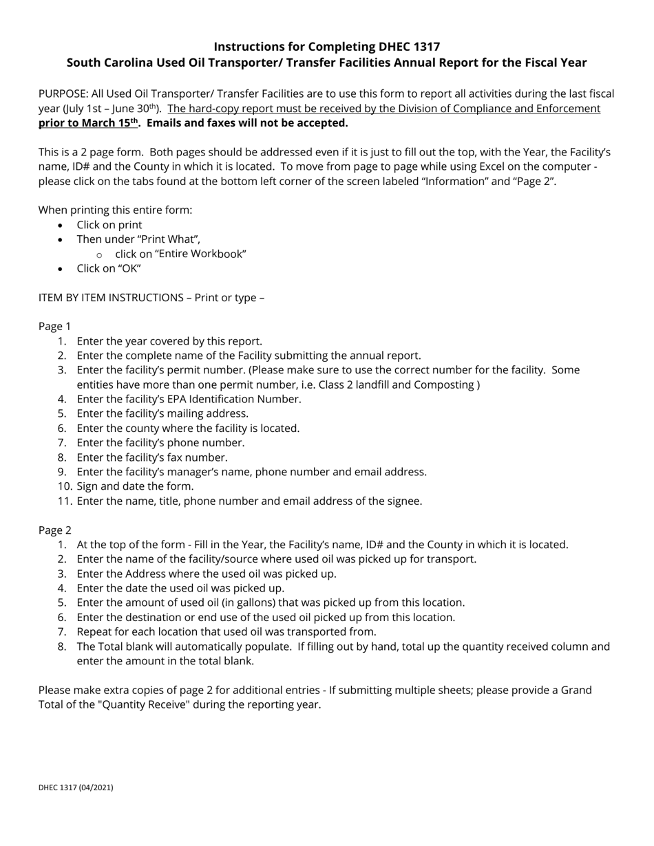 DHEC Form 1317 Used Oil Transporter / Transfer Facility Annual Report - South Carolina, Page 3