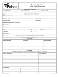 Document preview: DHEC Form 0825 Employee Registration - X-Ray Equipment Services - South Carolina