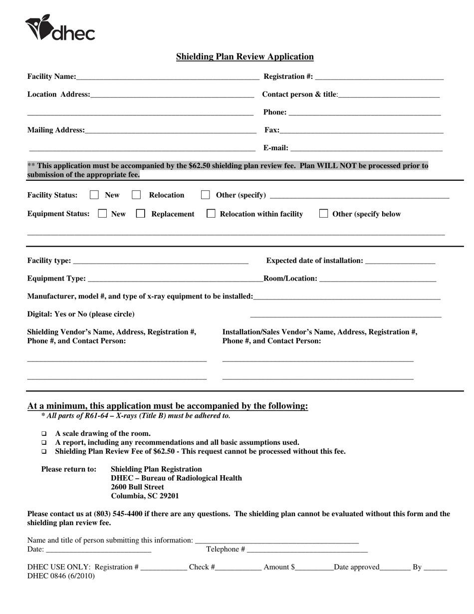 DHEC Form 0846 Shielding Plan Review Application - South Carolina, Page 1