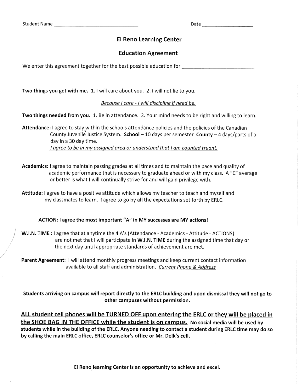 El Reno Learning Center Education Agreement - Oklahoma, Page 1