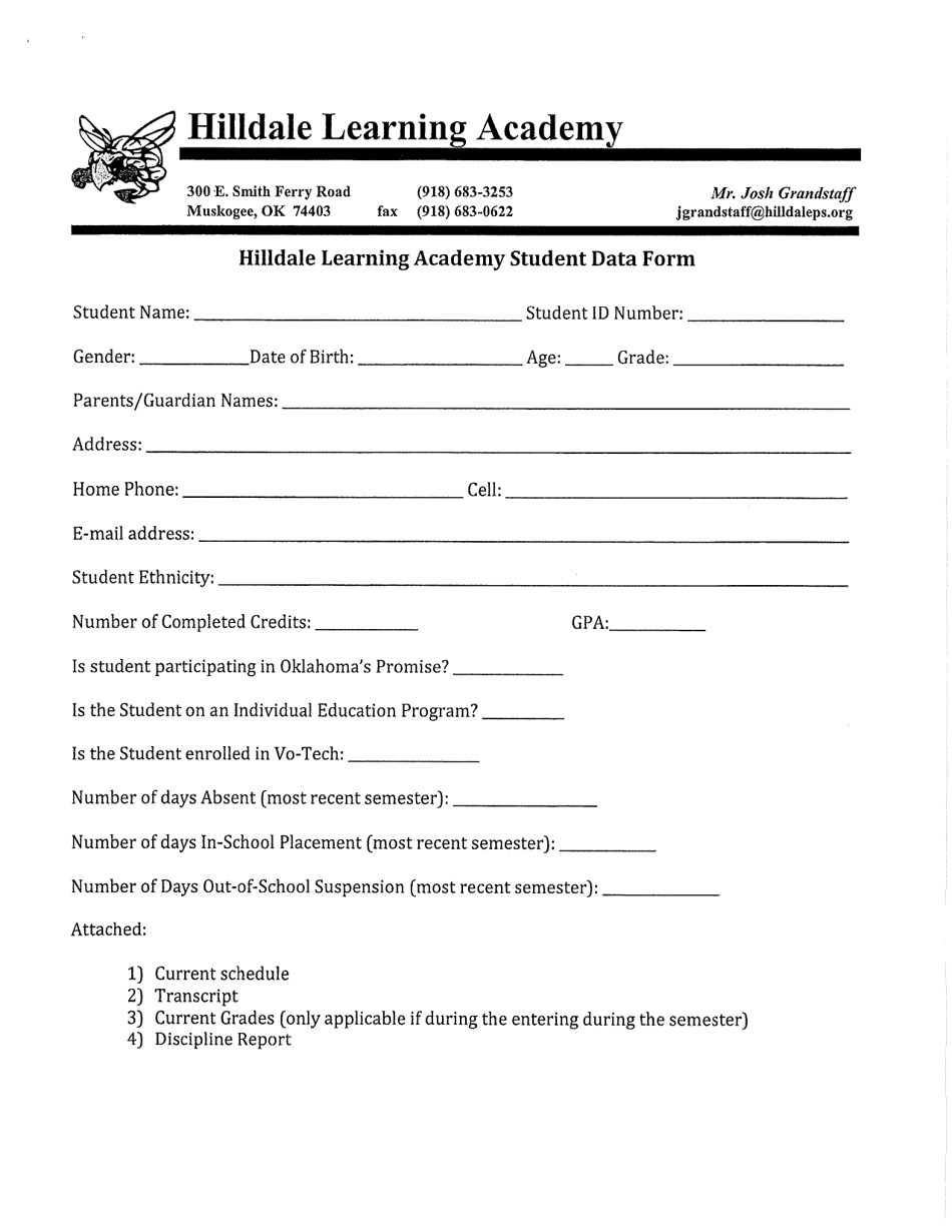Hilldale Learning Academy Student Data Form - Oklahoma, Page 1