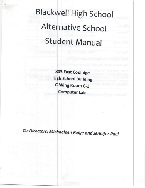 Blackwell High School Alternative School Student Manual - Oklahoma