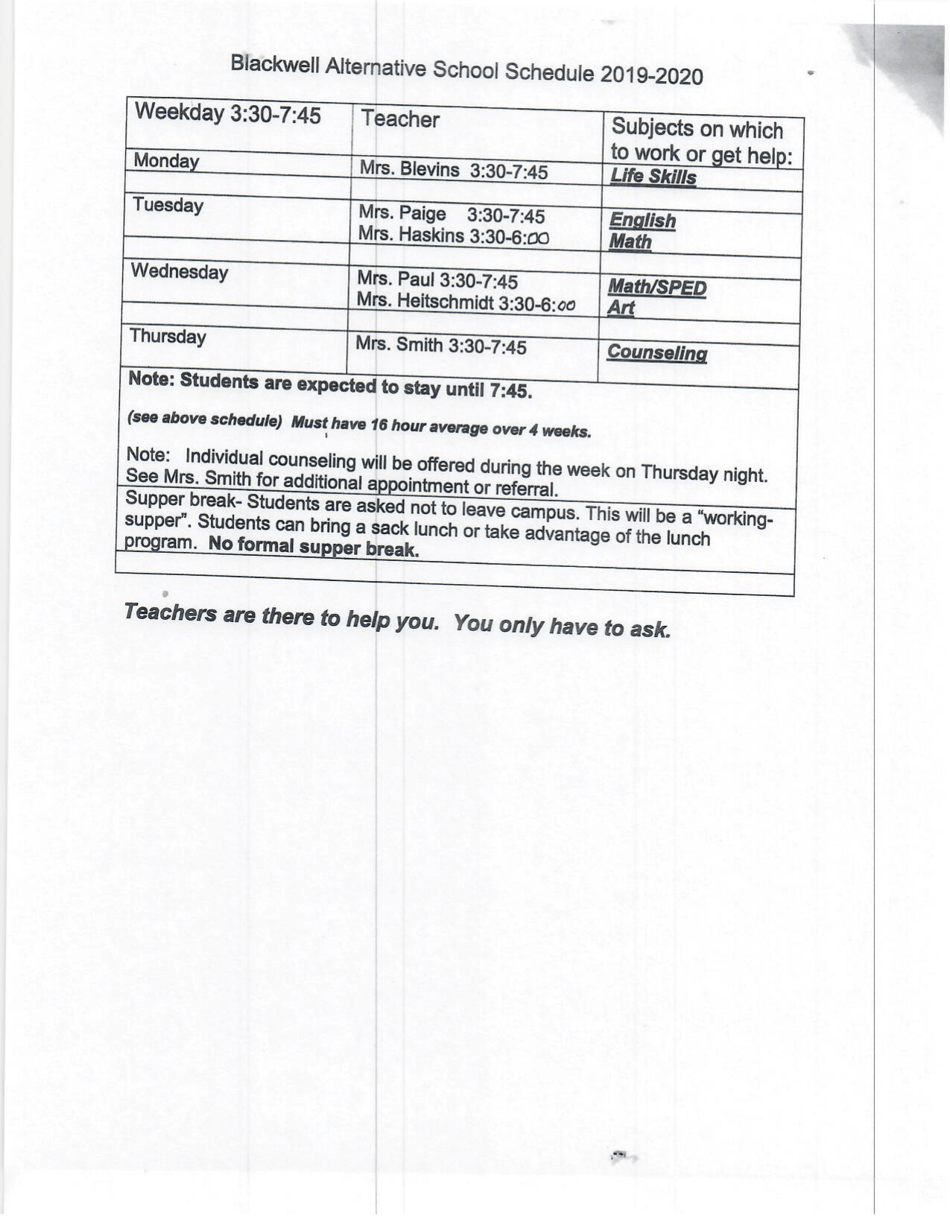 Oklahoma Blackwell High School Alternative School Student Manual Fill