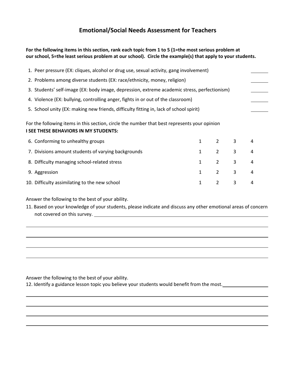 Oklahoma Emotional/Social Needs Assessment for Teachers - Fill Out ...