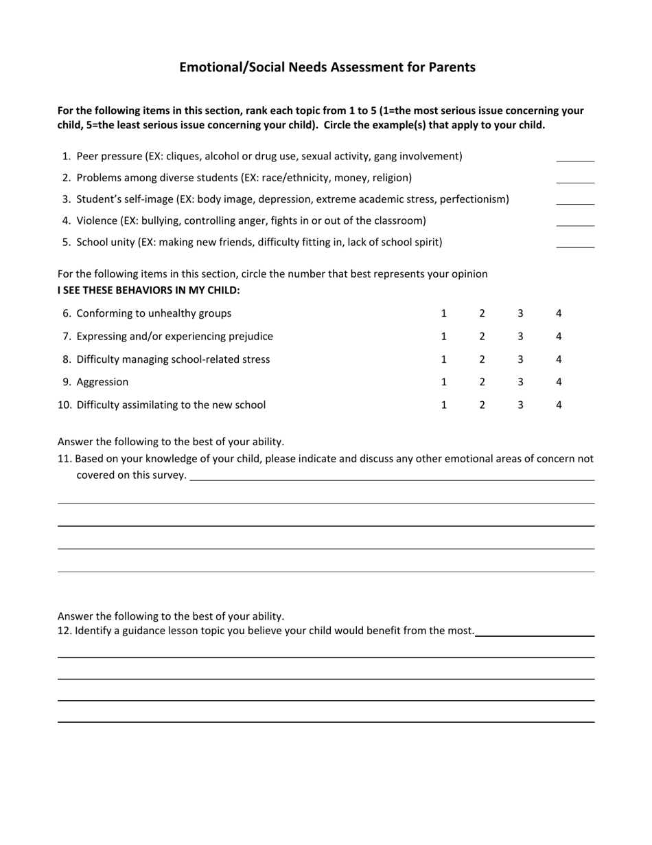 Emotional / Social Needs Assessment for Parents - Oklahoma, Page 1