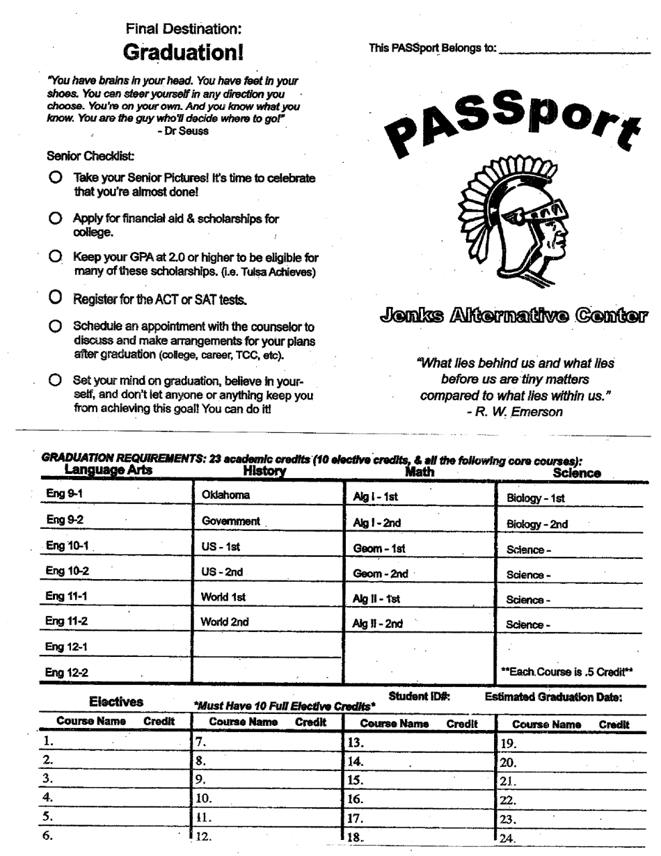 Oklahoma Jenks Graduation Checklist Fill Out, Sign Online and