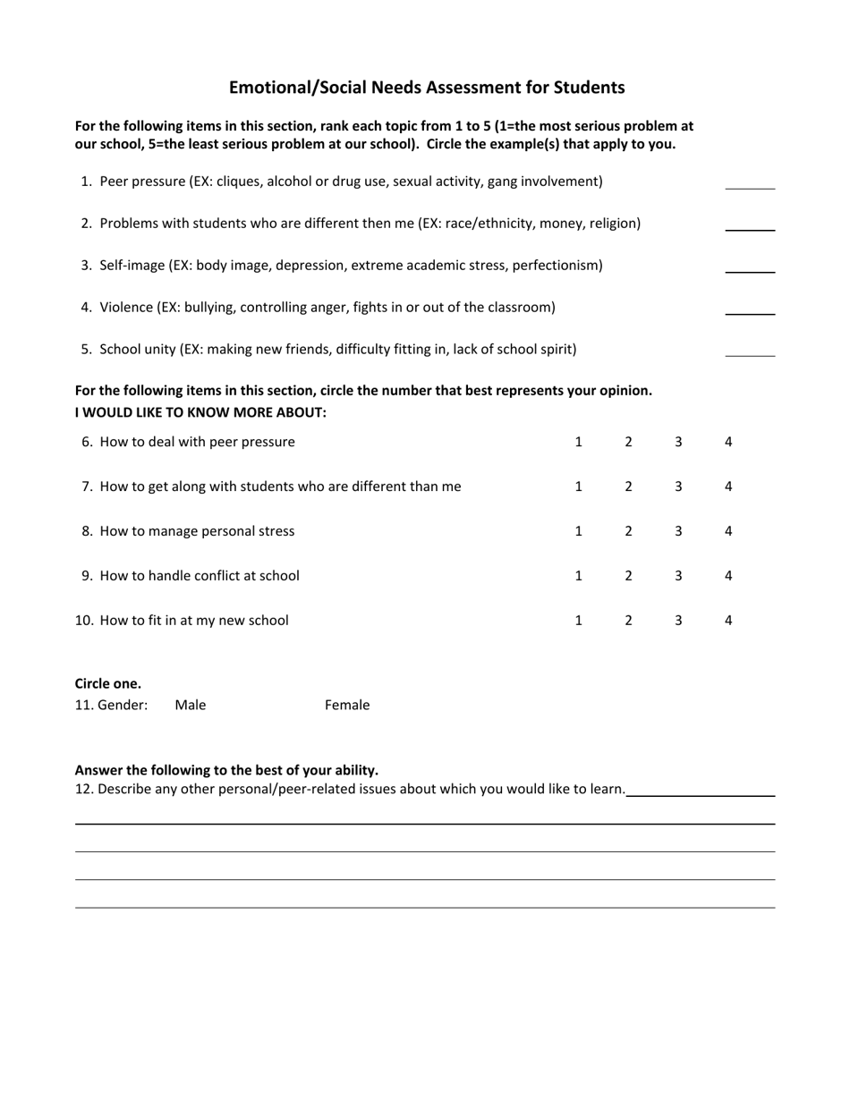 Emotional / Social Needs Assessment for Students - Oklahoma, Page 1