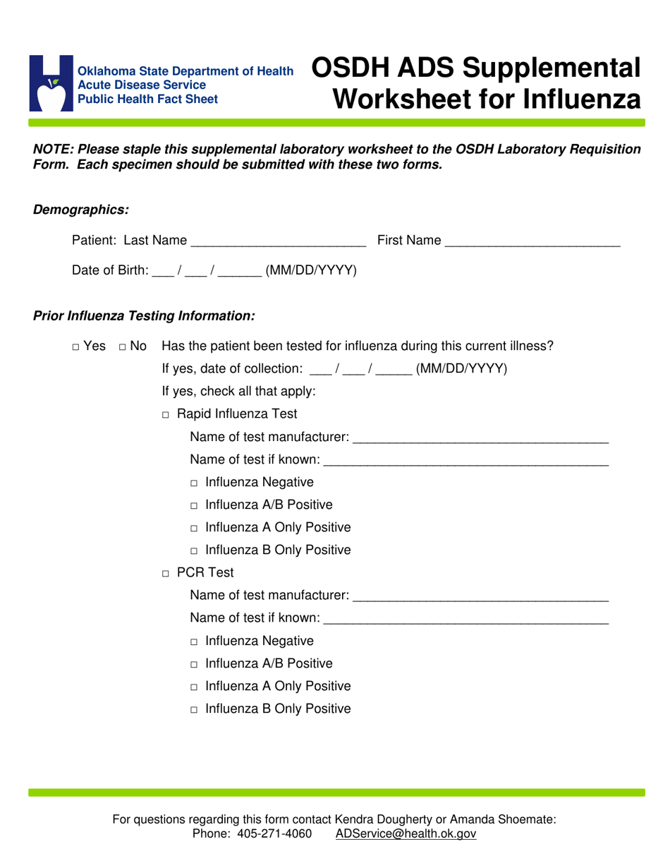 Osdh Ads Supplemental Worksheet for Influenza - Oklahoma, Page 1