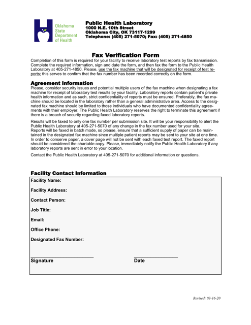 Fax Verification Form - Oklahoma Download Pdf