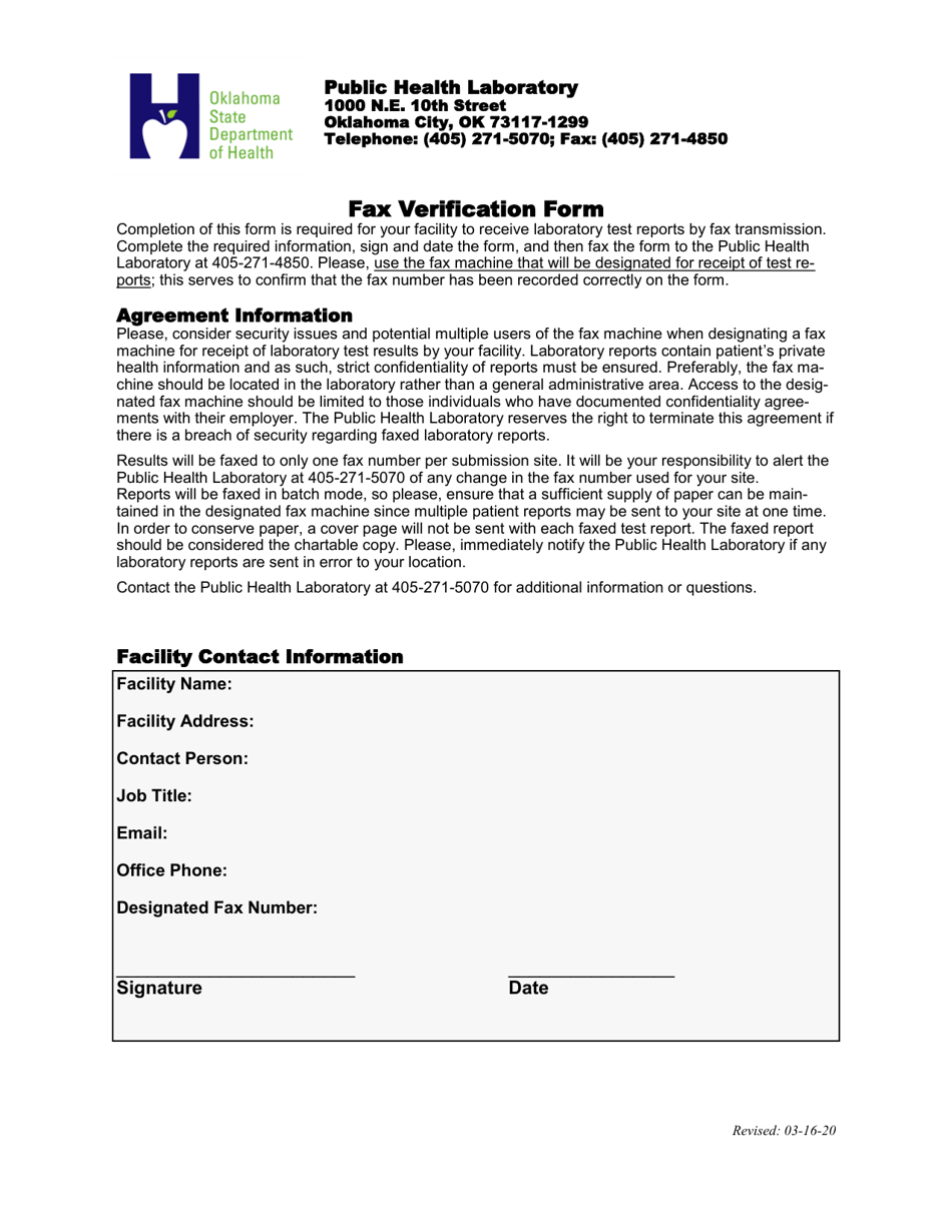 Oklahoma Fax Verification Form Fill Out, Sign Online and Download PDF
