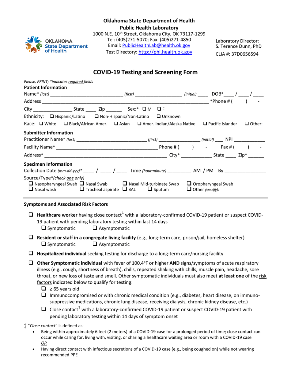 Covid-19 Testing and Screening Form - Oklahoma, Page 1