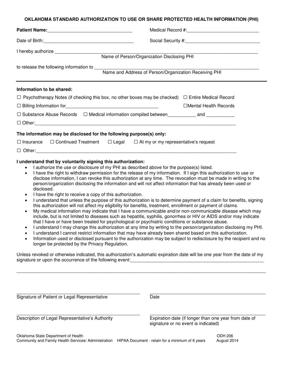 ODH Form 206 Oklahoma Standard Authorization to Use or Share Protected Health Information (Phi) - Oklahoma, Page 1
