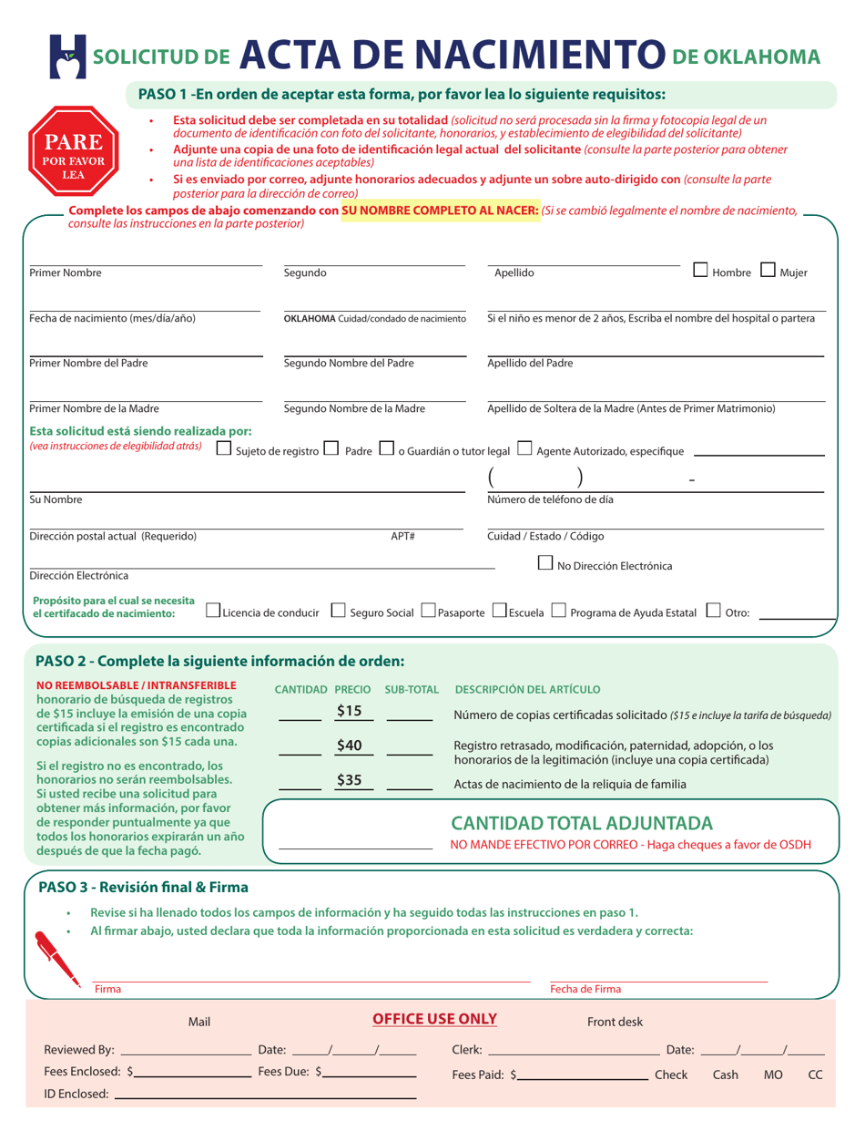 Solicitud De Acta De Nacimientode Oklahoma - Oklahoma (Spanish), Page 1