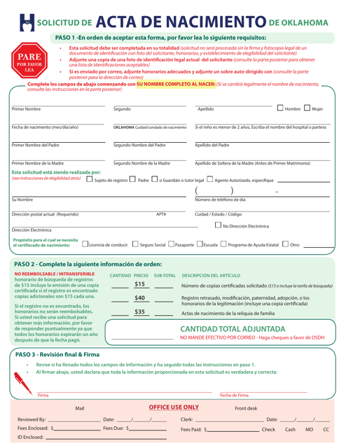 Solicitud De Acta De Nacimientode Oklahoma - Oklahoma (Spanish) Download Pdf