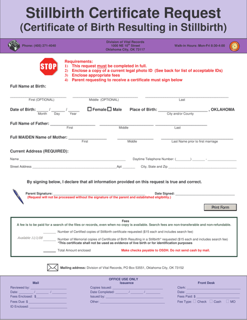 Stillbirth Certificate Request (Certificate of Birth Resulting in Stillbirth) - Oklahoma Download Pdf