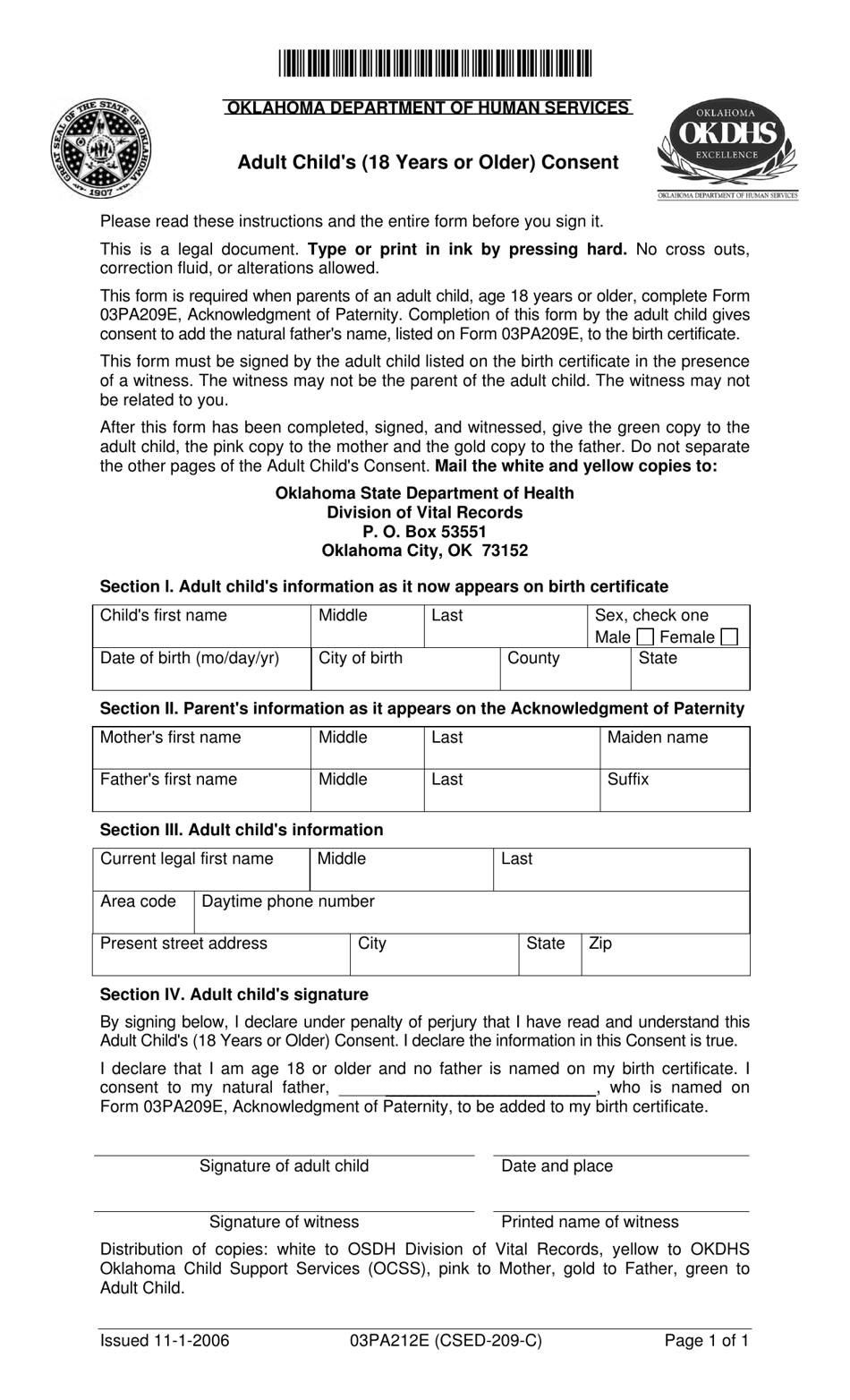 Form 03PA212E Adult Childs (18 Years or Older) Consent - Oklahoma, Page 1