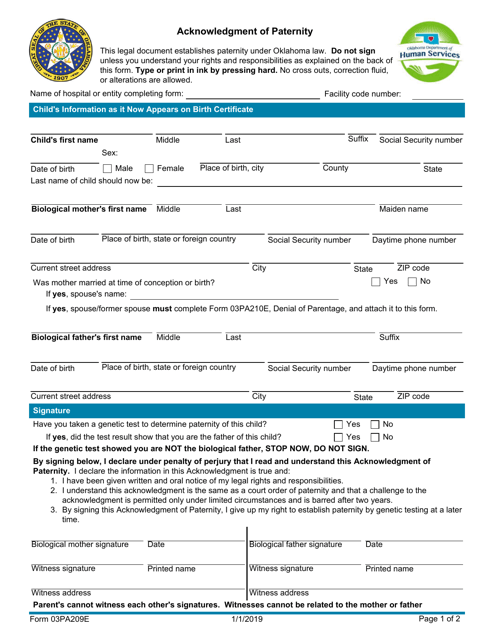 Form 03PA209E Acknowledgment of Paternity - Oklahoma