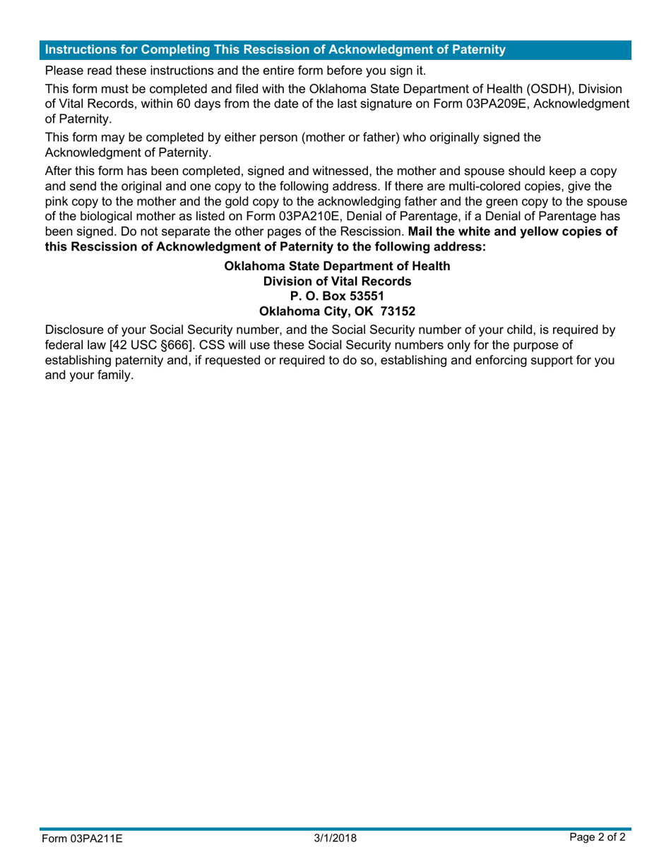 Form 03PA211E Rescission of Acknowledgment of Paternity - Oklahoma, Page 2