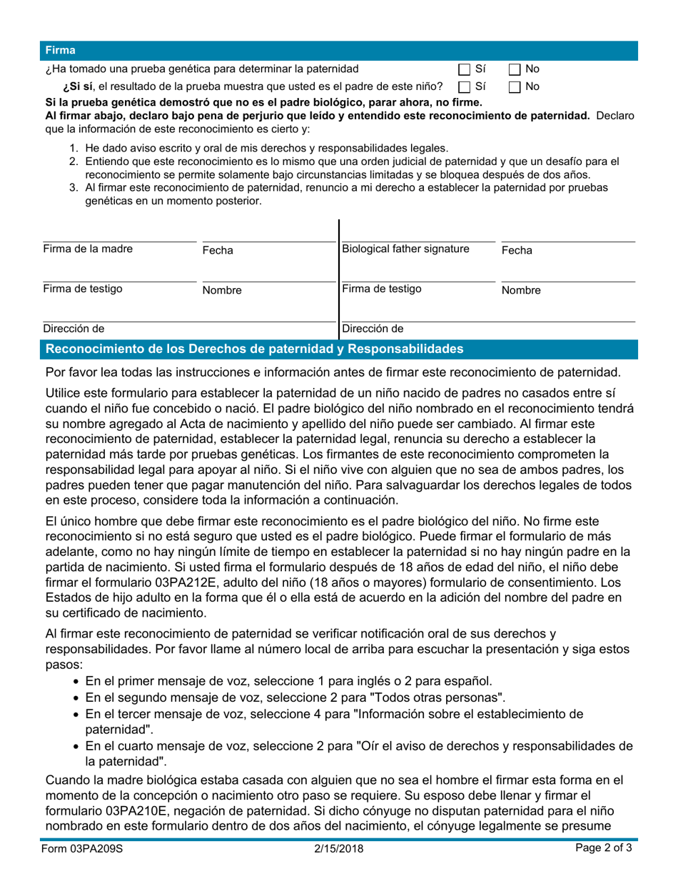 Formulario 03PA209S Reconocimiento De La Paternidad - Oklahoma (Spanish), Page 2
