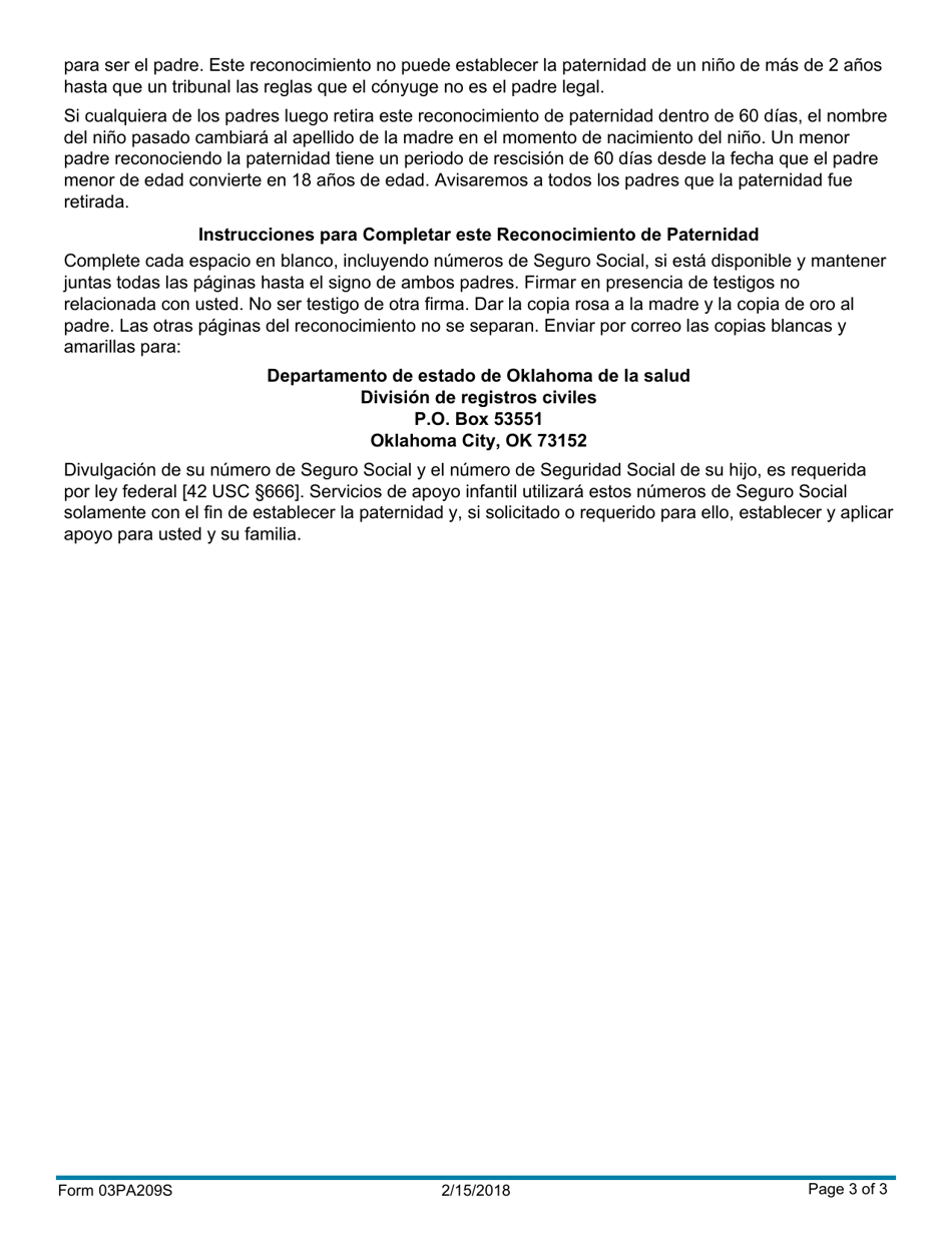Formulario 03PA209S Reconocimiento De La Paternidad - Oklahoma (Spanish), Page 3