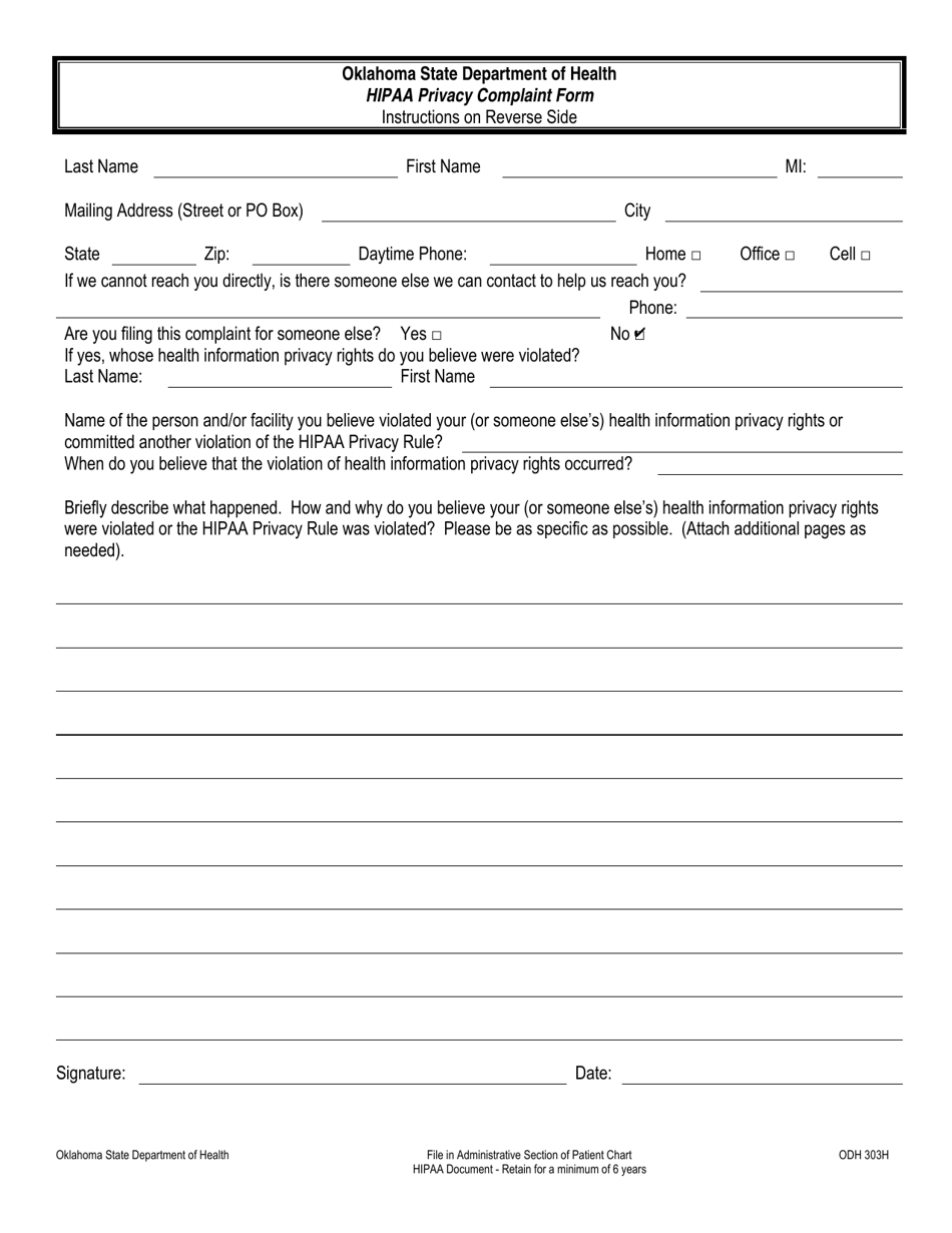 ODH Form 303H HIPAA Privacy Complaint Form - Oklahoma, Page 1