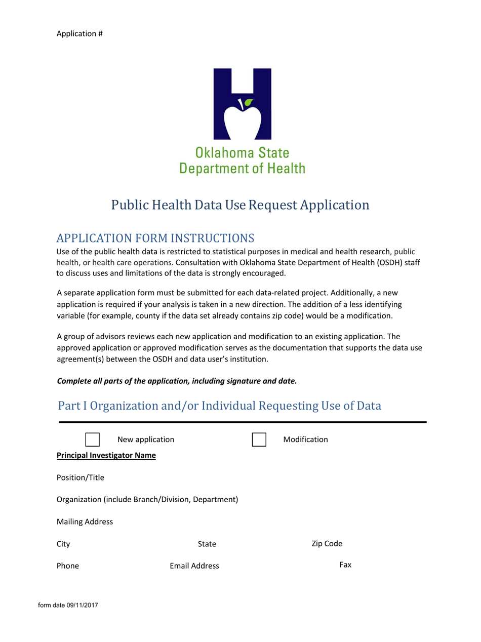 Public Health Data Use Request Application - Oklahoma, Page 1