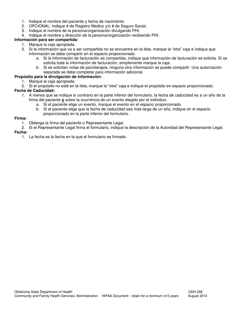 ODH Formulario 206 Autorizacion Estandar De Oklahoma De USAR O Compartir Informacion De Salud Protegida (Phi) - Oklahoma (Spanish), Page 2