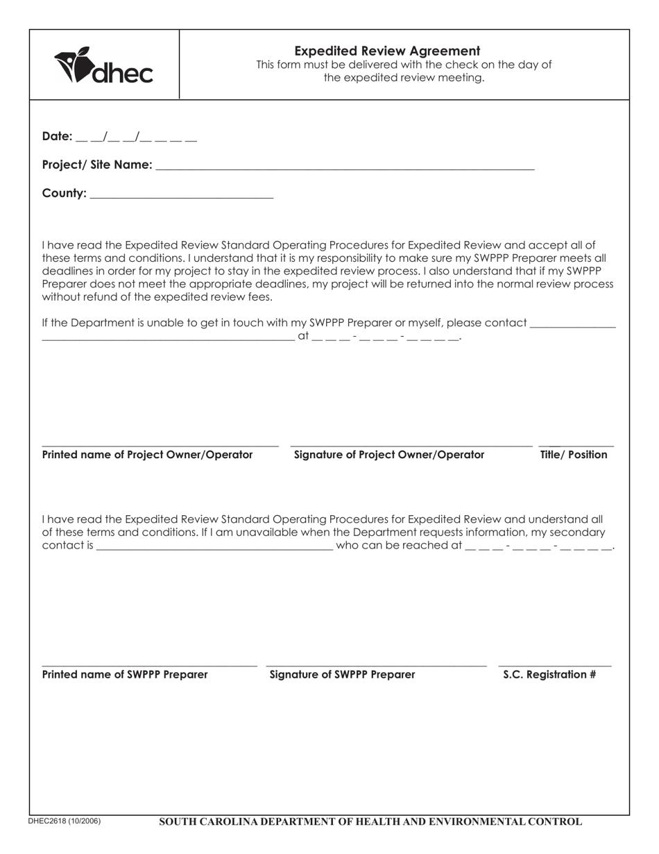 DHEC Form 2618 Expedited Review Agreement - South Carolina, Page 1